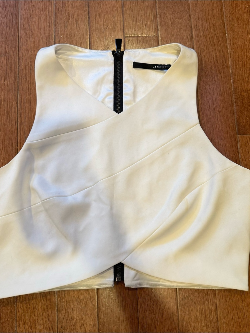 JAYGODFREY White Cropped Faux Wrap-Front Top with Zipper